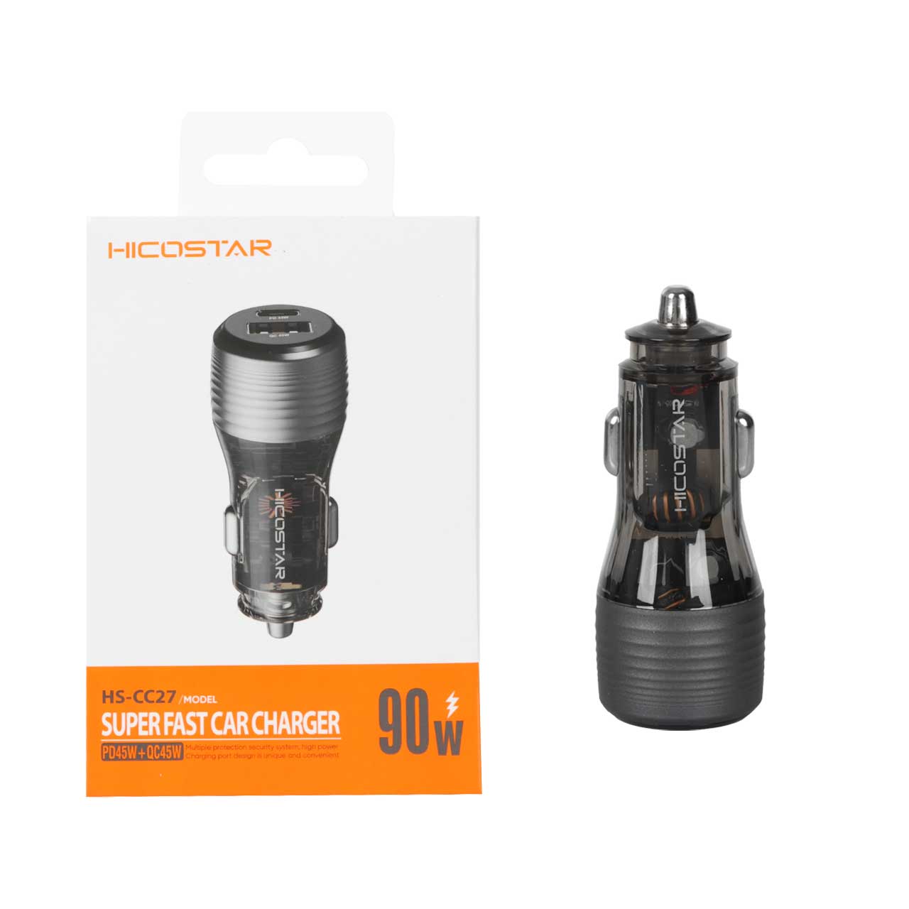 شارژر فندکی فست و PD دو پورت Hicostar مدل HS-CC27 90W - خاکستری